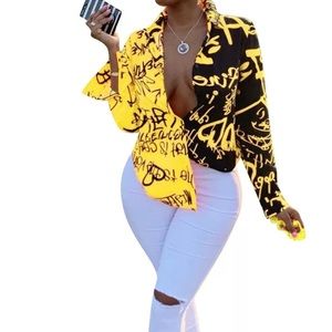 Sexy Yellow Graffiti Print Blouse